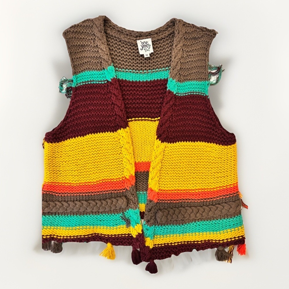 Ivy Jane SZ M Cotton Western Boho MultiColor Fringe Crop Open Sweater Vest‎